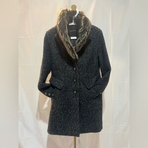 Dana Buchman Gray Boiled Wool Single Breasted Coat Faux Fur Collar Size Medium